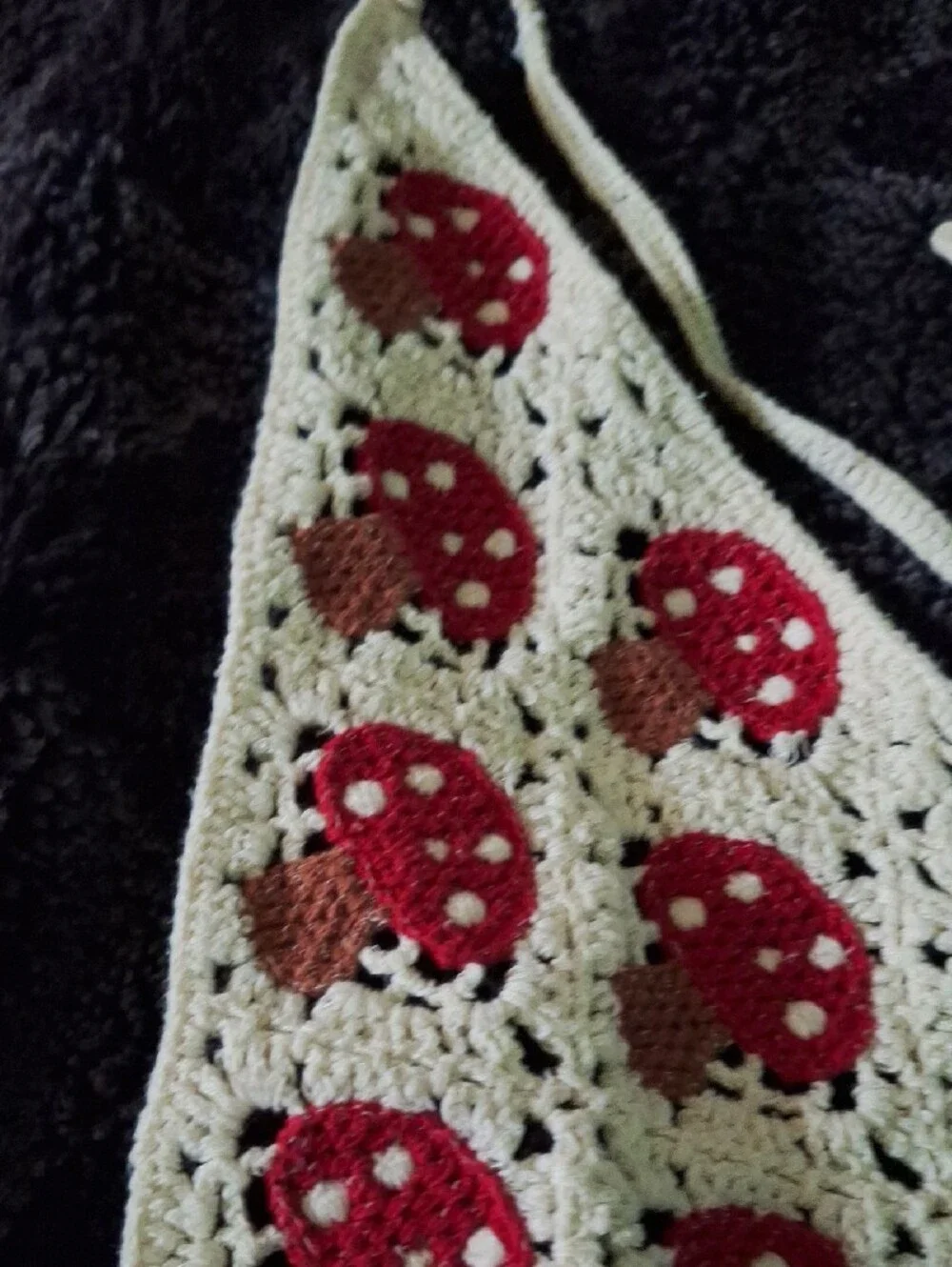 Crocheted Mushroom Handmade Triangle Bandana in Cream & Red